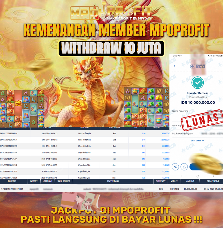 MPOPROFIT JACKPOT SLOT PGSOFT! KEMENANGAN MURNI DI (WAYS OF QILIN TOTAL RP 10.000.000,- LUNAS)